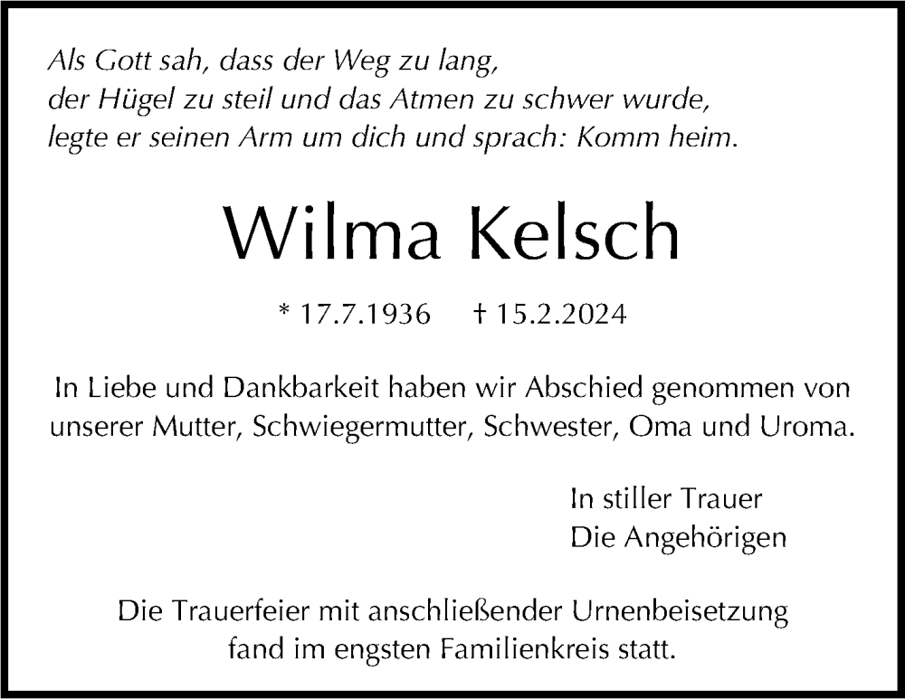  Traueranzeige für Wilma Kelsch vom 06.03.2024 aus Stuttgarter Zeitung / Stuttgarter Nachrichten