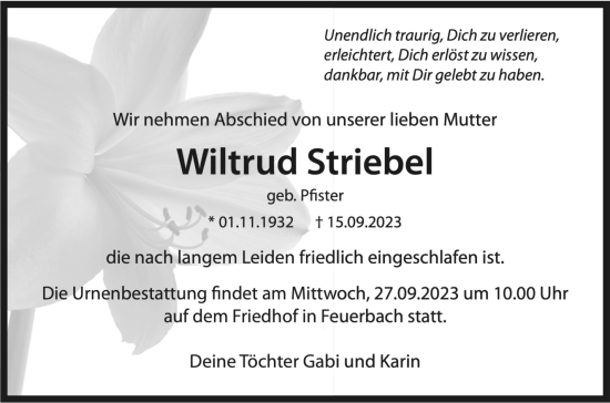 Traueranzeige von Wiltrud Striebel von Stuttgarter Zeitung / Stuttgarter Nachrichten