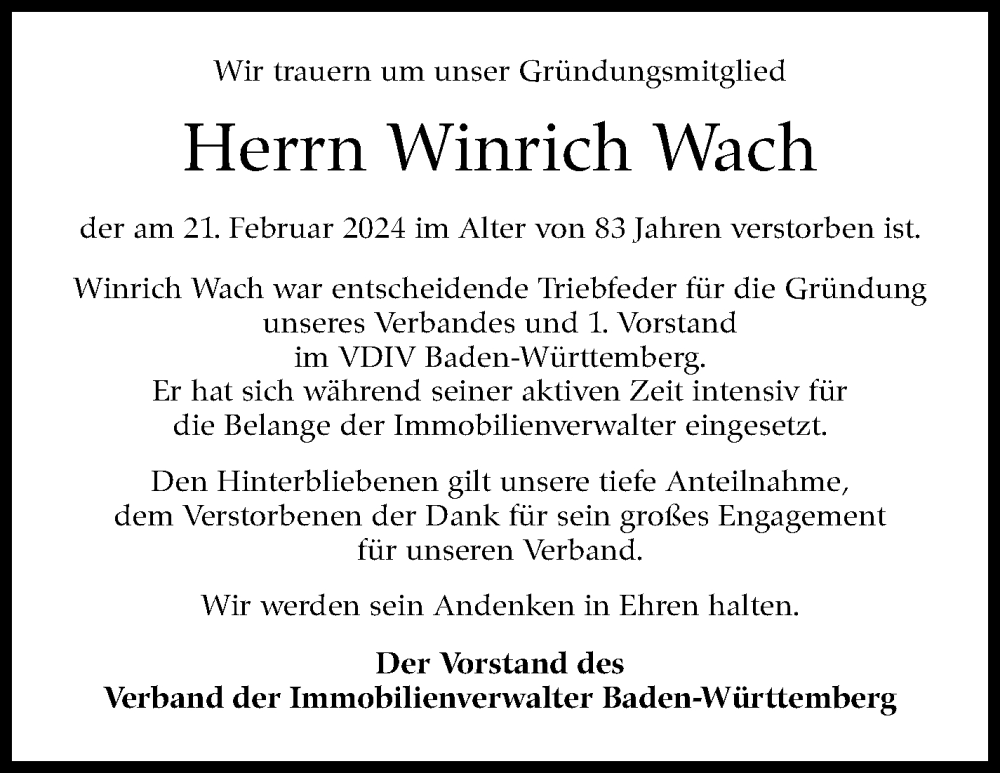  Traueranzeige für Winrich Wach vom 01.03.2024 aus Stuttgarter Zeitung / Stuttgarter Nachrichten