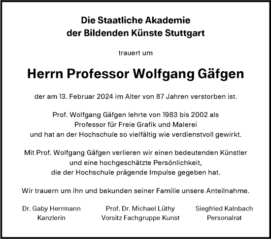 Traueranzeige von Wolfgang Gäfgen von Stuttgarter Zeitung / Stuttgarter Nachrichten