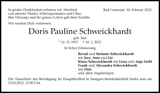 Traueranzeige von Doris Pauline Schweickhardt von Stuttgarter Zeitung / Stuttgarter Nachrichten