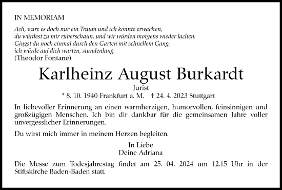 Traueranzeige von Karlheinz Burkardt von Stuttgarter Zeitung / Stuttgarter Nachrichten