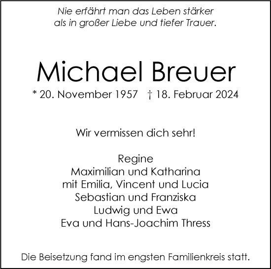 Traueranzeige von Michael Breuer von Stuttgarter Zeitung / Stuttgarter Nachrichten