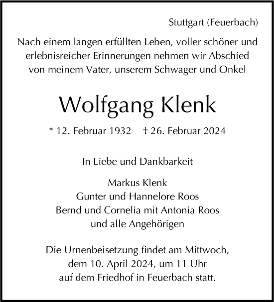 Traueranzeige von Wolfgang Klenk von Stuttgarter Zeitung / Stuttgarter Nachrichten