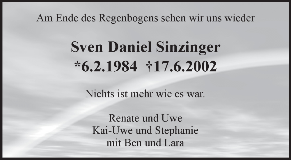  Traueranzeige für Sven Daniel Sinzinger vom 17.06.2024 aus Stuttgarter Zeitung / Stuttgarter Nachrichten