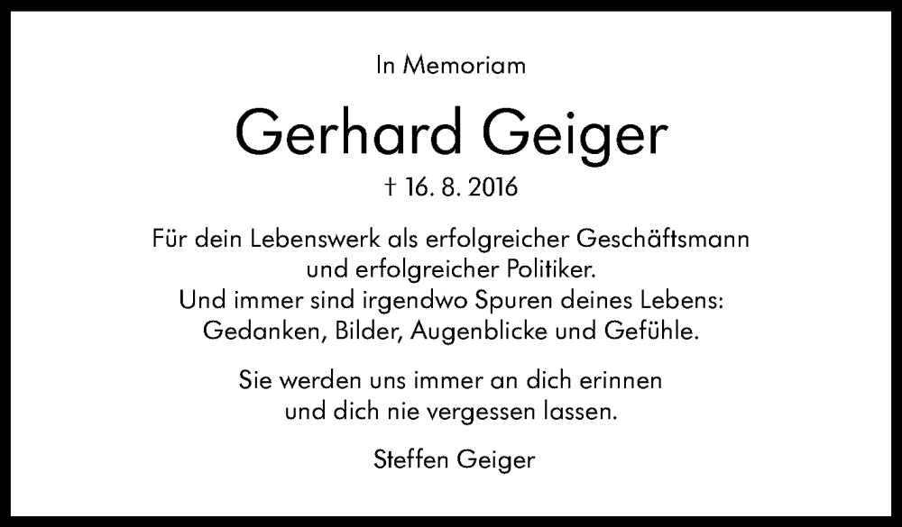  Traueranzeige für Gerhard Geiger vom 16.08.2024 aus Stuttgarter Zeitung / Stuttgarter Nachrichten