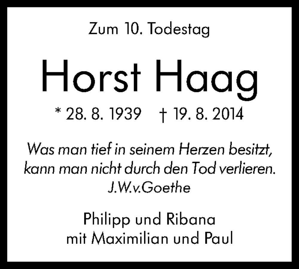  Traueranzeige für Horst Haag vom 19.08.2024 aus Stuttgarter Zeitung / Stuttgarter Nachrichten