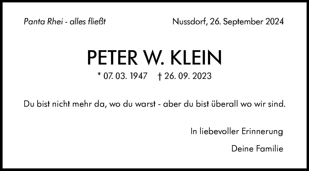  Traueranzeige für Peter Klein vom 26.09.2024 aus Stuttgarter Zeitung / Stuttgarter Nachrichten