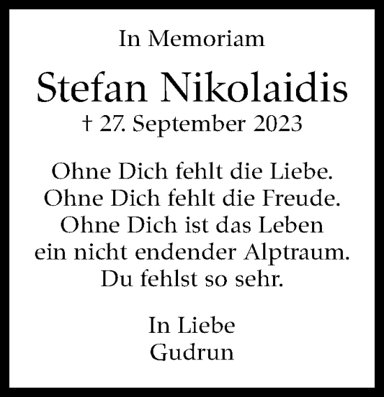 Traueranzeige von Stefan Nikolaidis von Stuttgarter Zeitung / Stuttgarter Nachrichten