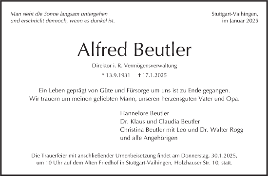 Traueranzeige von Alfred Beutler von Stuttgarter Zeitung / Stuttgarter Nachrichten