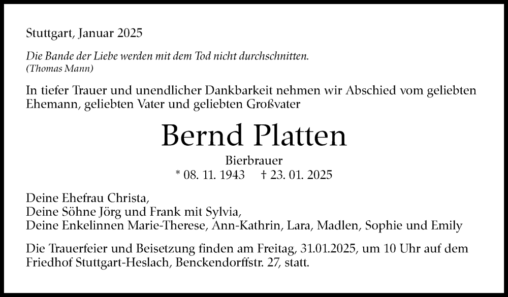  Traueranzeige für Bernd Platten vom 29.01.2025 aus Stuttgarter Zeitung / Stuttgarter Nachrichten