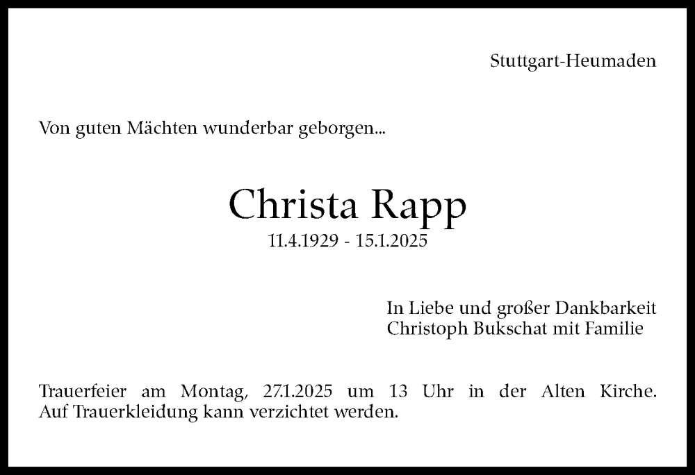  Traueranzeige für Christa Rapp vom 22.01.2025 aus Stuttgarter Zeitung / Stuttgarter Nachrichten