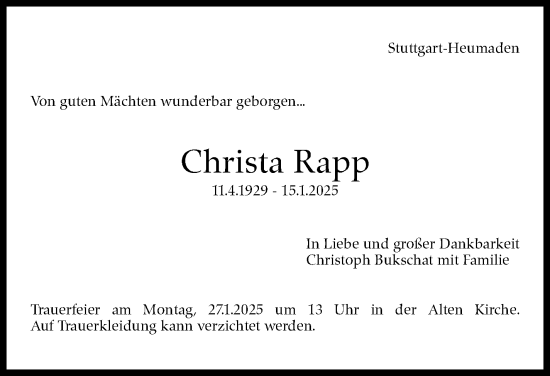 Traueranzeige von Christa Rapp von Stuttgarter Zeitung / Stuttgarter Nachrichten