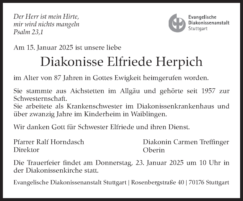 Traueranzeige für Diakonisse Elfriede Herpich vom 21.01.2025 aus Stuttgarter Zeitung / Stuttgarter Nachrichten