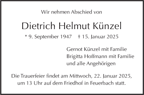Traueranzeige von Dietrich Helmut Künzel von Stuttgarter Zeitung / Stuttgarter Nachrichten