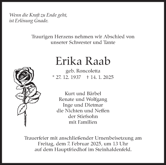 Traueranzeige von Erika Raab von Stuttgarter Zeitung / Stuttgarter Nachrichten