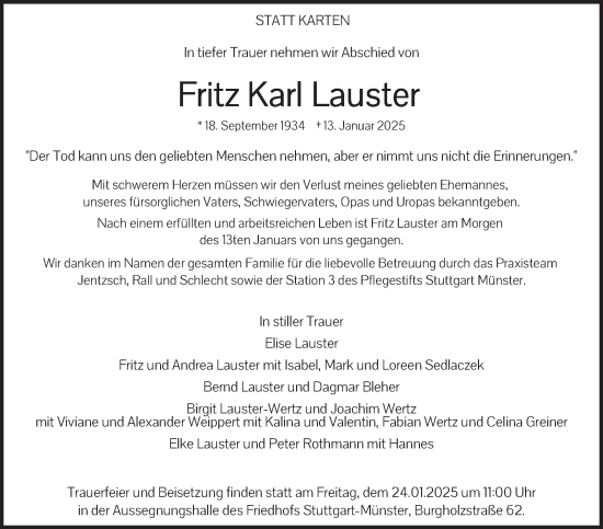 Traueranzeige von Fritz Karl Lauster von Stuttgarter Zeitung / Stuttgarter Nachrichten