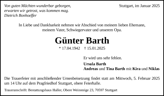 Traueranzeige von Günter Barth von Stuttgarter Zeitung / Stuttgarter Nachrichten