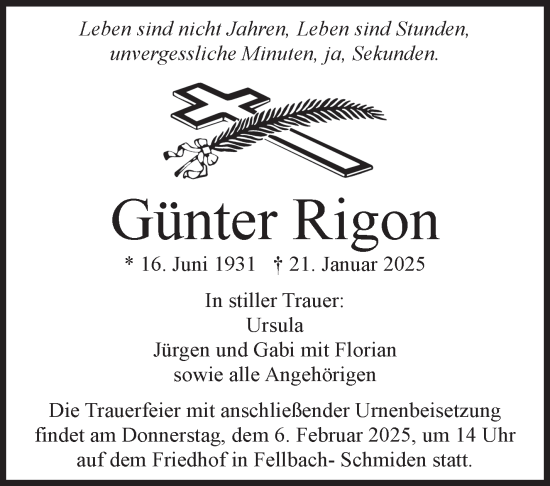 Traueranzeige von Günter Rigon von Stuttgarter Zeitung / Stuttgarter Nachrichten