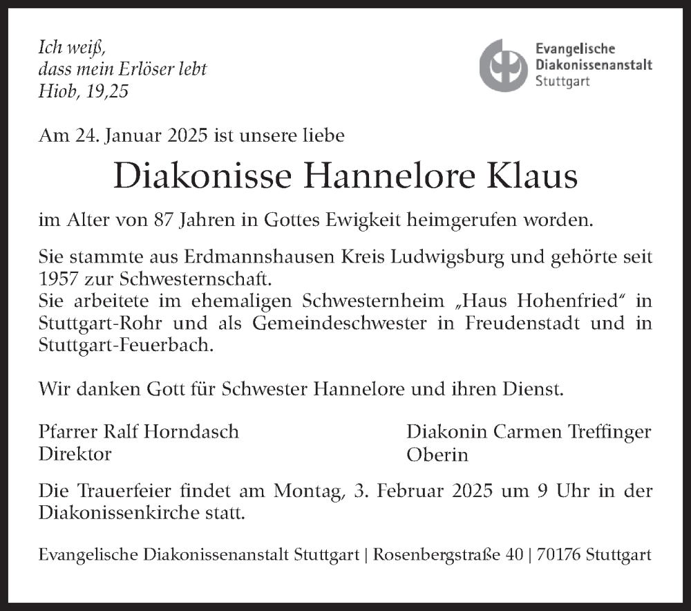  Traueranzeige für Hannelore Klaus vom 30.01.2025 aus Stuttgarter Zeitung / Stuttgarter Nachrichten