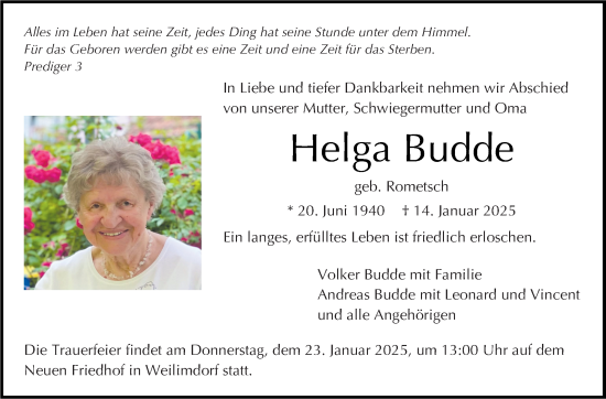 Traueranzeige von Helga Budde von Stuttgarter Zeitung / Stuttgarter Nachrichten