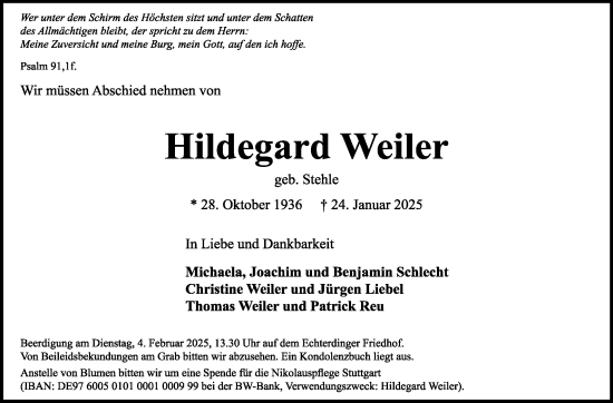 Traueranzeige von Hildegard Weiler von Stuttgarter Zeitung / Stuttgarter Nachrichten