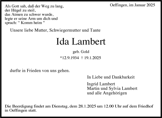 Traueranzeige von Ida Lambert von Stuttgarter Zeitung / Stuttgarter Nachrichten