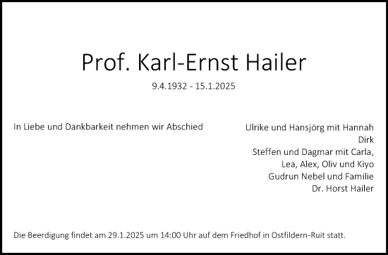 Traueranzeige von Karl-Ernst Hailer von Stuttgarter Zeitung / Stuttgarter Nachrichten