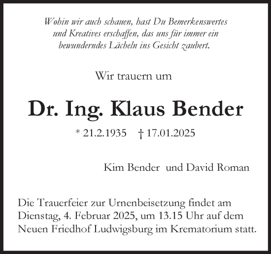 Traueranzeige von Klaus Bender von Stuttgarter Zeitung / Stuttgarter Nachrichten