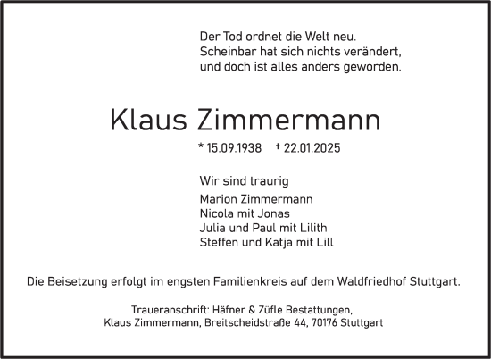 Traueranzeige von Klaus Zimmermann von Stuttgarter Zeitung / Stuttgarter Nachrichten