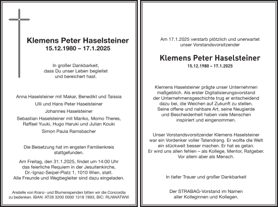 Traueranzeige von Klemens Peter Haselsteiner von Stuttgarter Zeitung / Stuttgarter Nachrichten