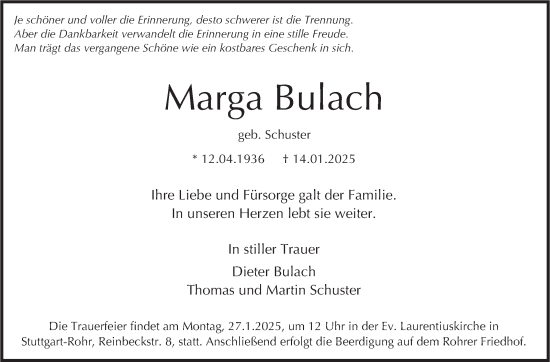 Traueranzeige von Marga Bulach von Stuttgarter Zeitung / Stuttgarter Nachrichten