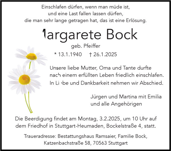 Traueranzeige von Margarete Bock von Stuttgarter Zeitung / Stuttgarter Nachrichten