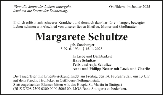 Traueranzeige von Margarete Schultze von Stuttgarter Zeitung / Stuttgarter Nachrichten