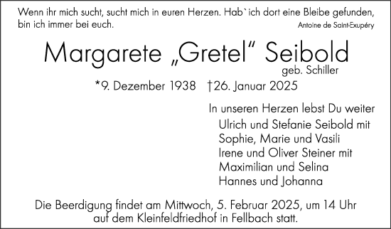 Traueranzeige von Margarete  Seibold von Stuttgarter Zeitung / Stuttgarter Nachrichten