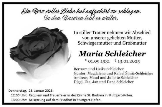 Traueranzeige von Maria Schleicher von Stuttgarter Zeitung / Stuttgarter Nachrichten