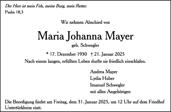 Traueranzeige von Maria Johanna Mayer von Stuttgarter Zeitung / Stuttgarter Nachrichten