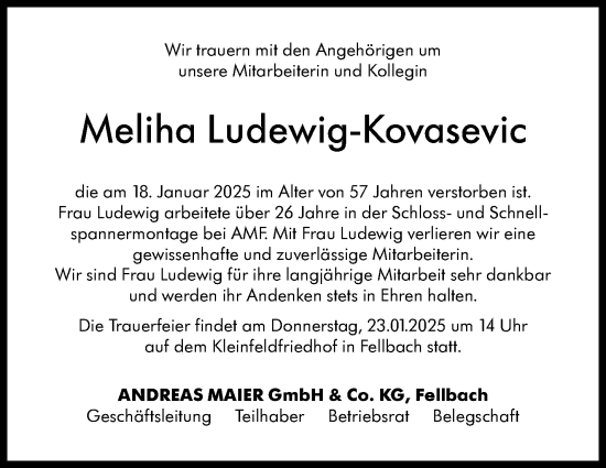 Traueranzeige von Meliha Ludewig-Kovasevic von Stuttgarter Zeitung / Stuttgarter Nachrichten