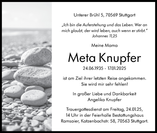 Traueranzeige von Meta Knupfer von Stuttgarter Zeitung / Stuttgarter Nachrichten