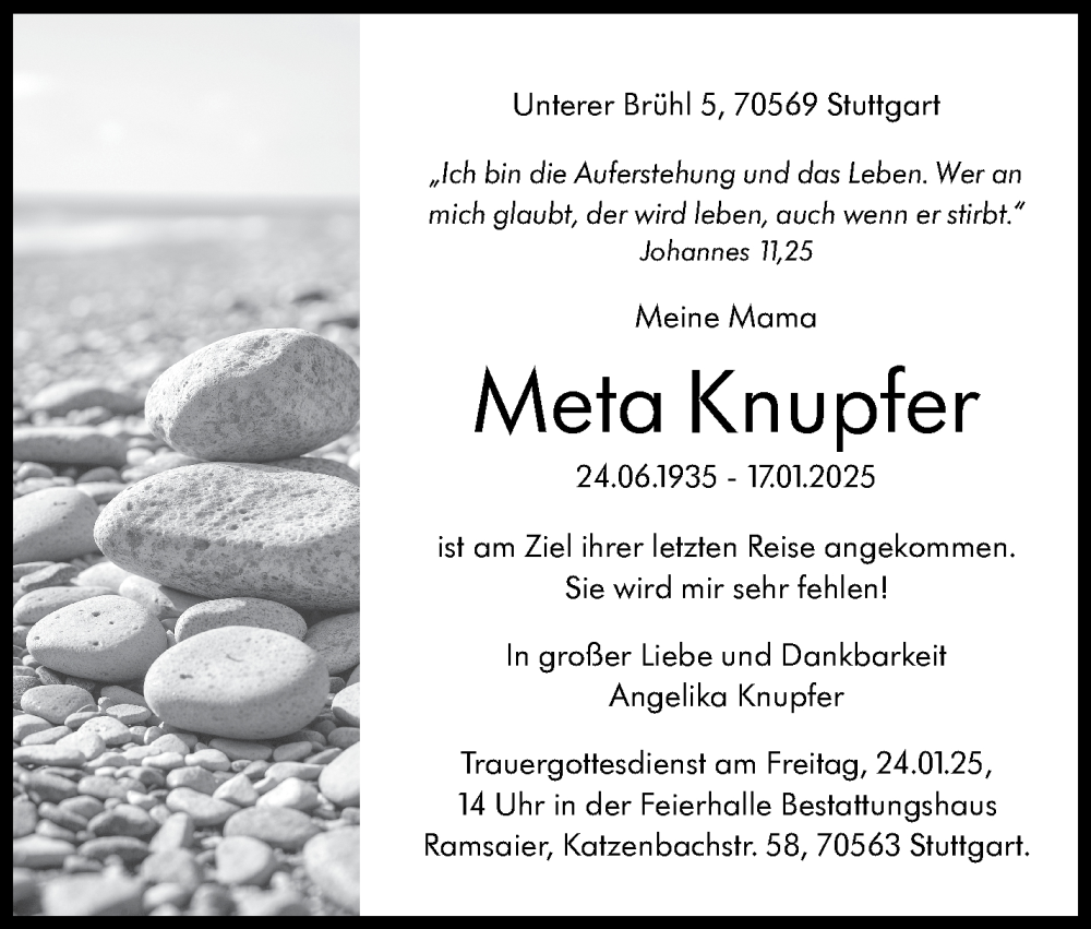  Traueranzeige für Meta Knupfer vom 28.01.2025 aus Stuttgarter Zeitung / Stuttgarter Nachrichten