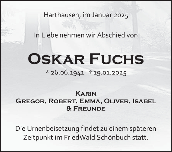 Traueranzeige von Oskar Fuchs von Stuttgarter Zeitung / Stuttgarter Nachrichten