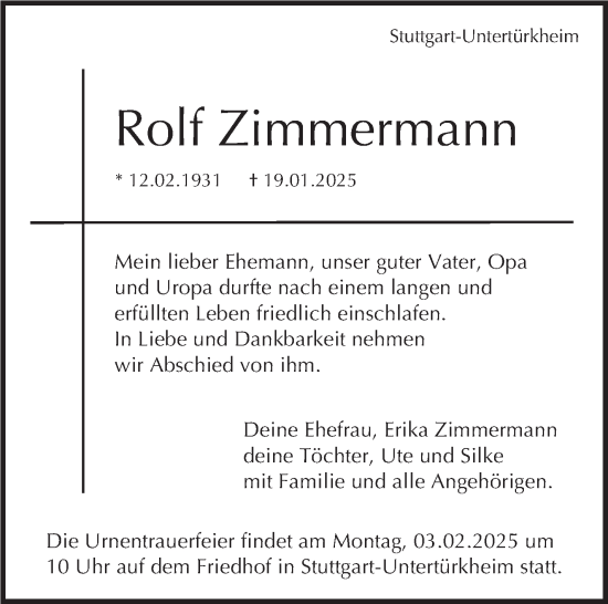 Traueranzeige von Rolf Zimmermann von Stuttgarter Zeitung / Stuttgarter Nachrichten