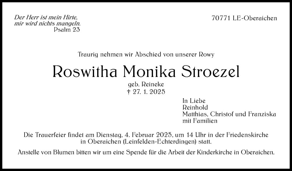  Traueranzeige für Roswitha Monika Stroezel vom 31.01.2025 aus Stuttgarter Zeitung / Stuttgarter Nachrichten