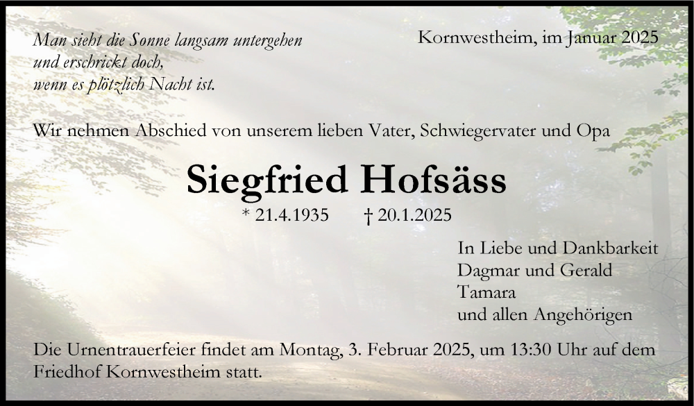 Traueranzeige für Siegfried Hofsäss vom 28.01.2025 aus Stuttgarter Zeitung / Stuttgarter Nachrichten