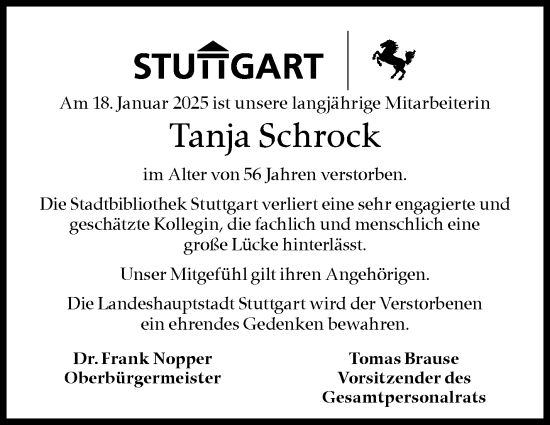 Traueranzeige von Tanja Schrock von Stuttgarter Zeitung / Stuttgarter Nachrichten
