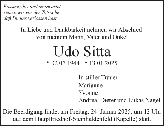 Traueranzeige von Udo Sitta von Stuttgarter Zeitung / Stuttgarter Nachrichten
