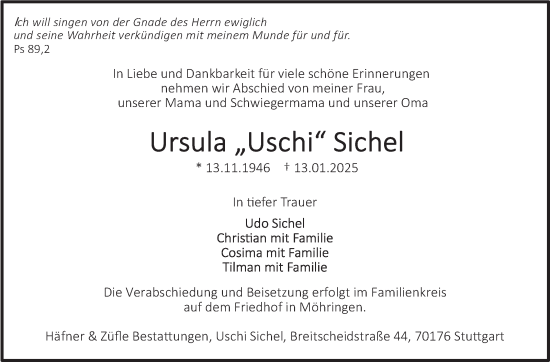 Traueranzeige von Ursula Sichel von Stuttgarter Zeitung / Stuttgarter Nachrichten