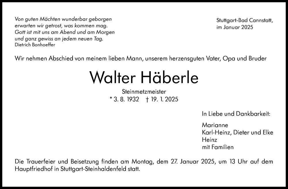  Traueranzeige für Walter Häberle vom 24.01.2025 aus Stuttgarter Zeitung / Stuttgarter Nachrichten