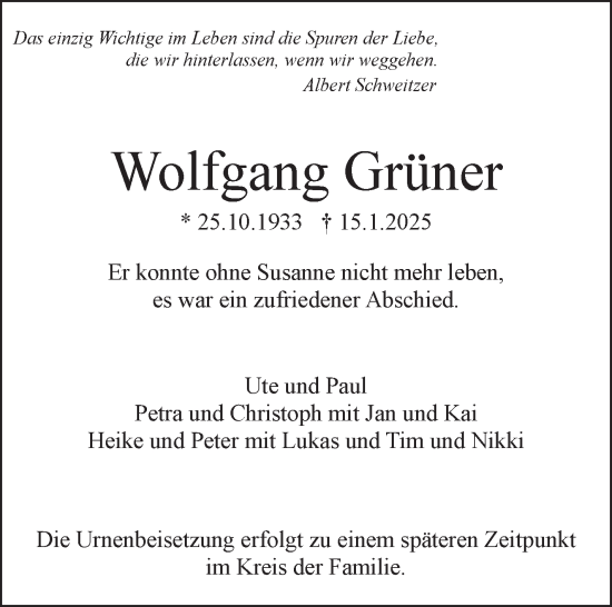 Traueranzeige von Wolfgang Grüner von Stuttgarter Zeitung / Stuttgarter Nachrichten