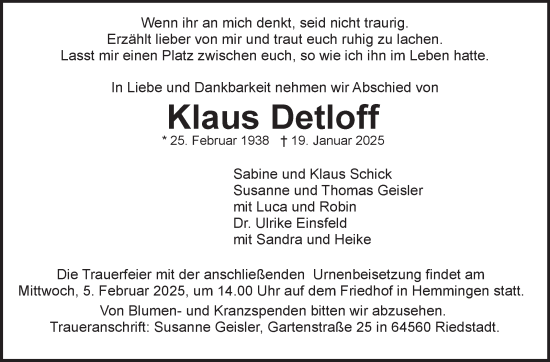 Traueranzeige von Klaus Detloff von Stuttgarter Zeitung / Stuttgarter Nachrichten